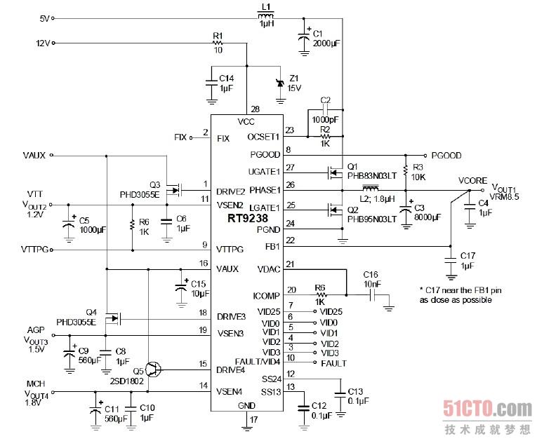 (1)RT9238 得到VCC +12V 供电,同时CPU 识别管脚发出识别信号给RT9238 的VID0~VID4 脚。(注:装上假负载或CPU 后,RT9238 才能识别此信号。) (2)当RT9238 同时得到由R2 与C2 组成的振荡电路给23 脚输入的振荡信号时,RT9238 电源管理芯片工作条件满足。 (3)当+5V 经过L1 为Q1 的D 极提供输入电压,同时RT9238 开始工作后,从27 脚和25 脚输出两路互为反相的脉宽控制信号给Q1 和Q2 的G 极(此时测Q1 与Q2 的G 极时,